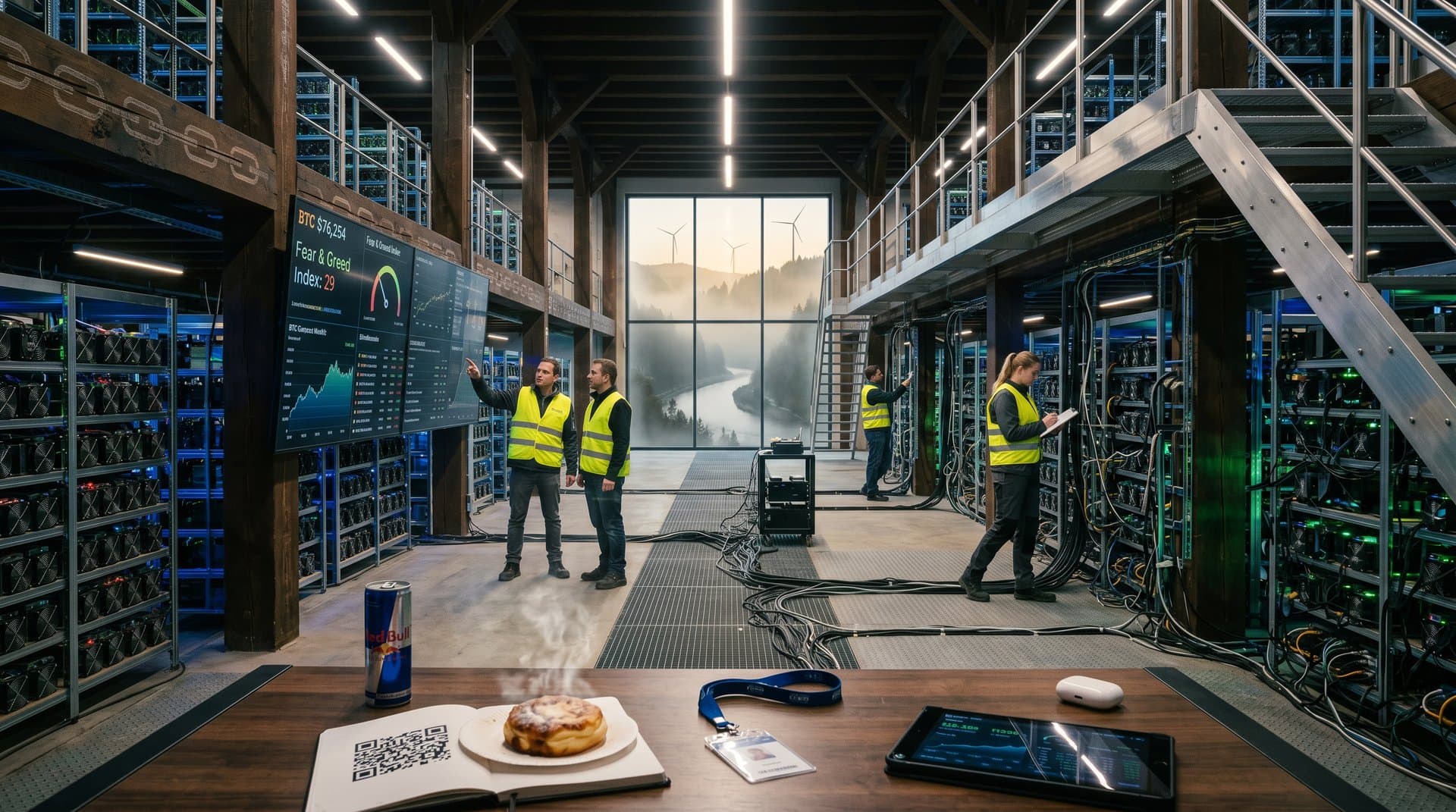 Mining-Rigs und Blockchain-Charts in Erzgebirge-Data-Center mit Bergbau-Elementen und Stollberg-Landschaft