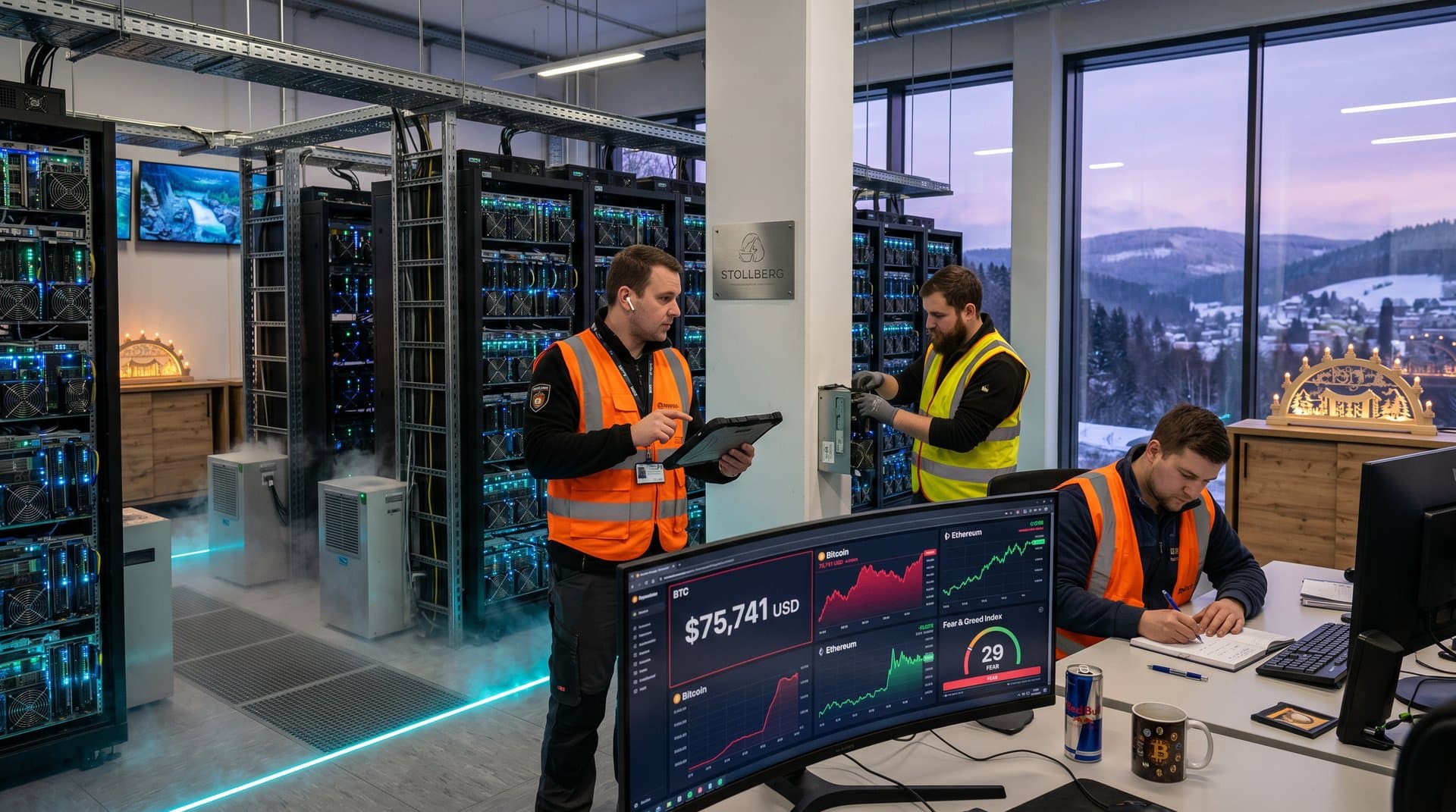 Data Center im Erzgebirge mit ASIC-Miner, Blockchain-Charts auf Monitor und Bergblick