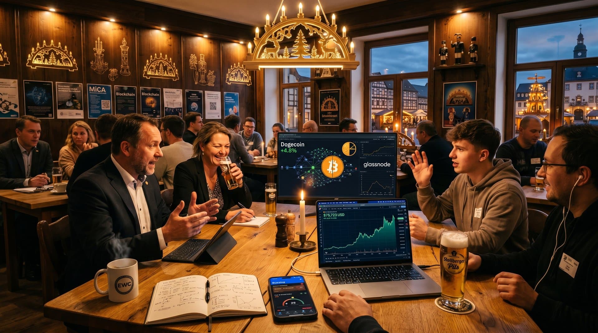 Kryptovortrag im EWC-Stollberg mit BTC-Charts, Fear & Greed 29 und lokalem Publikum