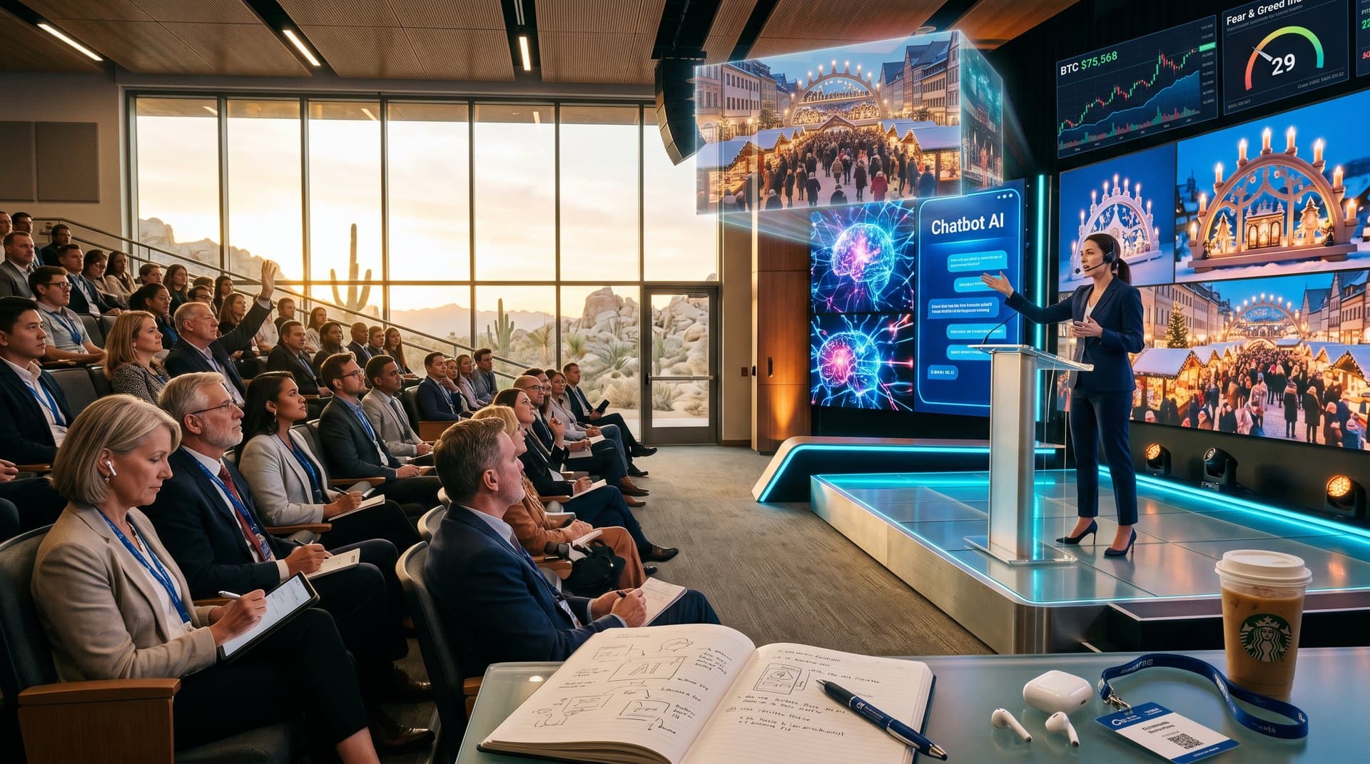 AI-Konferenz am Copper Mountain College mit Bühne, Screens, Crypto-Charts und Stollberg-Elementen