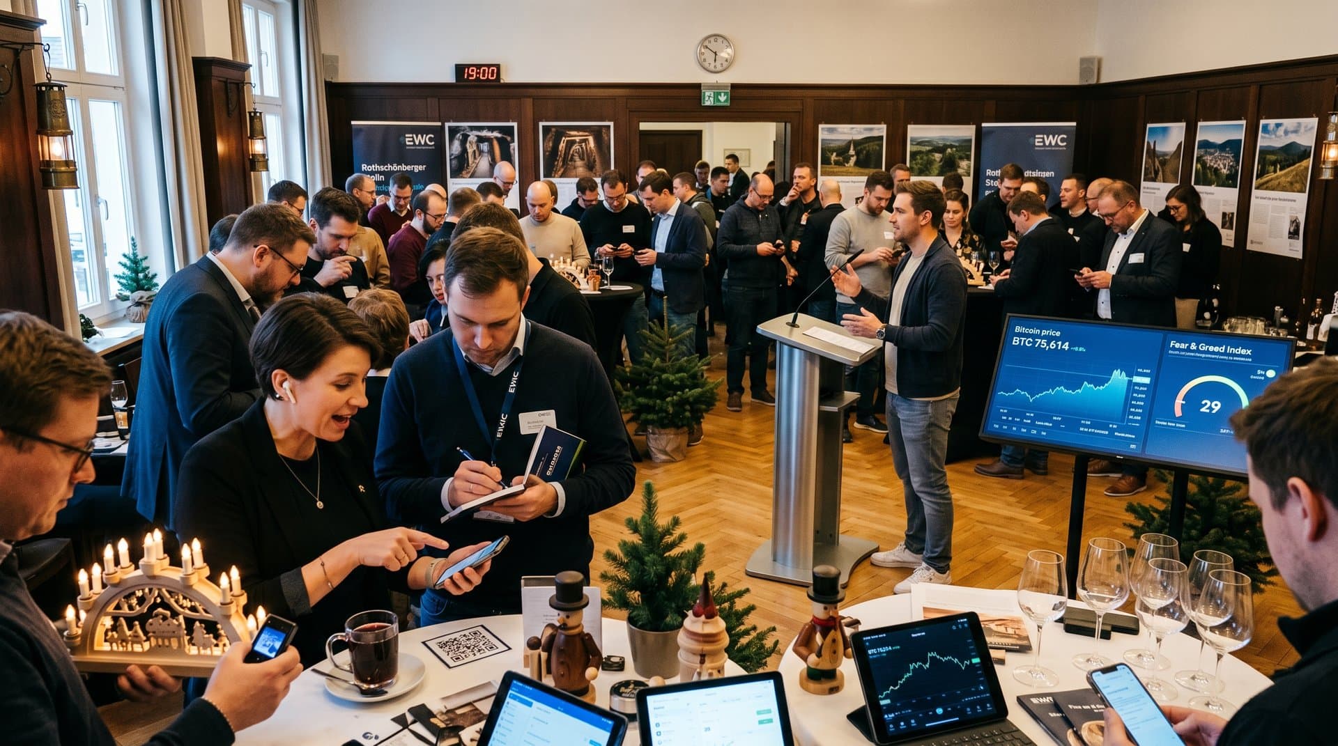 Lokale in Kulturhaus Stollberg bei EWC Krypto-Präsentation: Schatzsuche mit Blockchain, BTC-Charts und Bergbau-Motiven