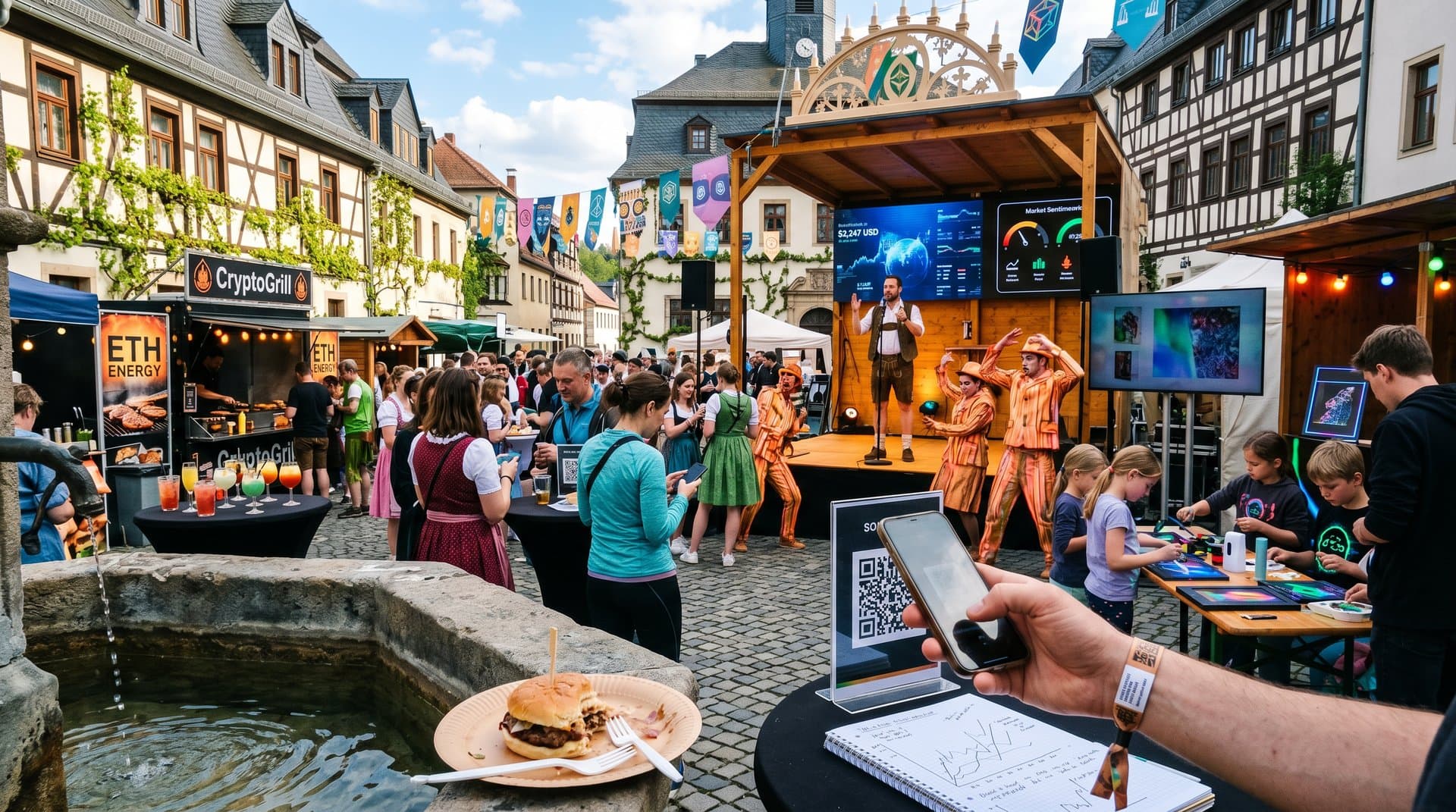 Stollberg Marktplatz beim Festival mit Ethereum-Preis-Screens und Krypto-Ständen (68 Zeichen)