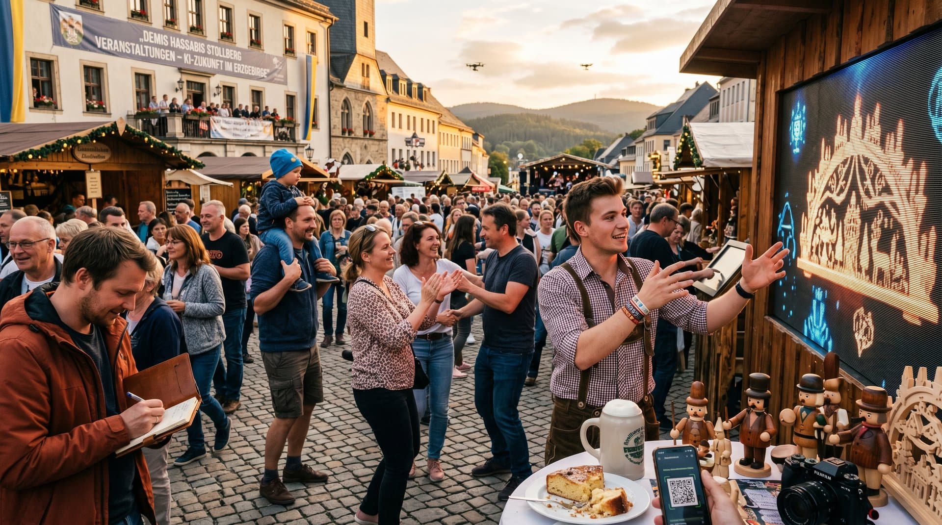 Marktplatz Stollberg mit KI-Demo zu Schwibbögen, Hassabis-inspiriertes Fest mit Tradition und Tech