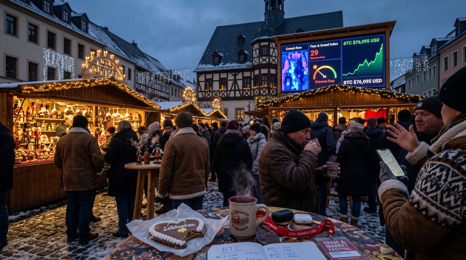 Stollberg Marktplatz Weihnachtsmarkt mit KI-Prognosen und Crypto-Charts auf LED-Bildschirm