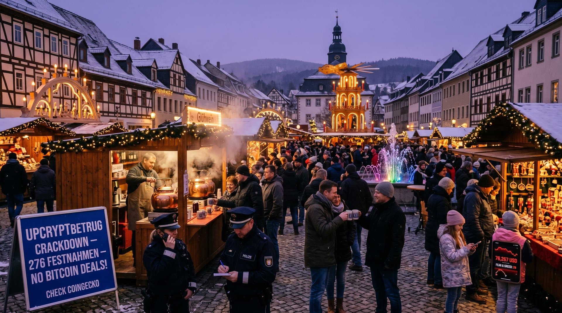 Stollberg Weihnachtsmarkt Marktplatz mit Kryptobetrug Crackdown-Warnschild und Polizei