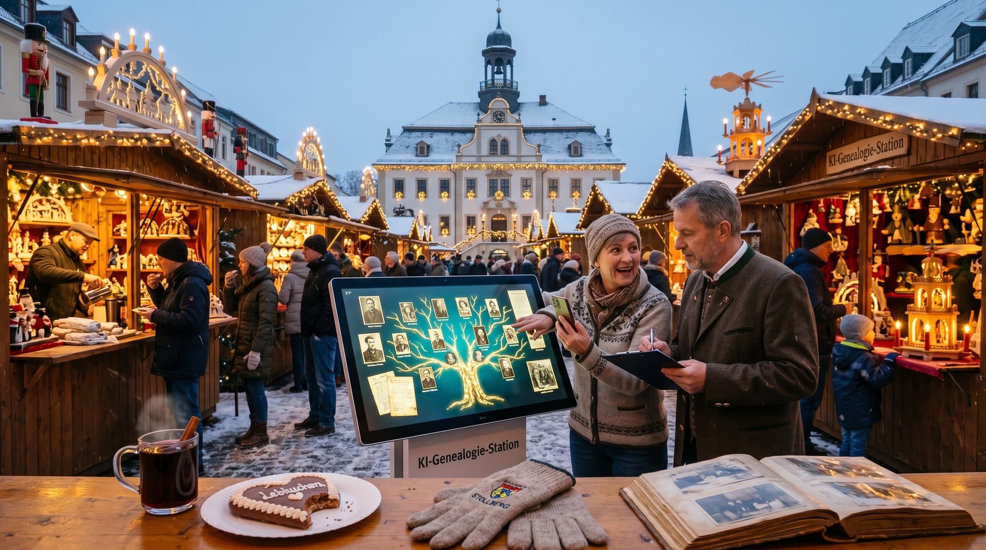KI-Genealogie-Station auf Stollberg Weihnachtsmarkt mit Stammbaum-Screen und historischen Fotos