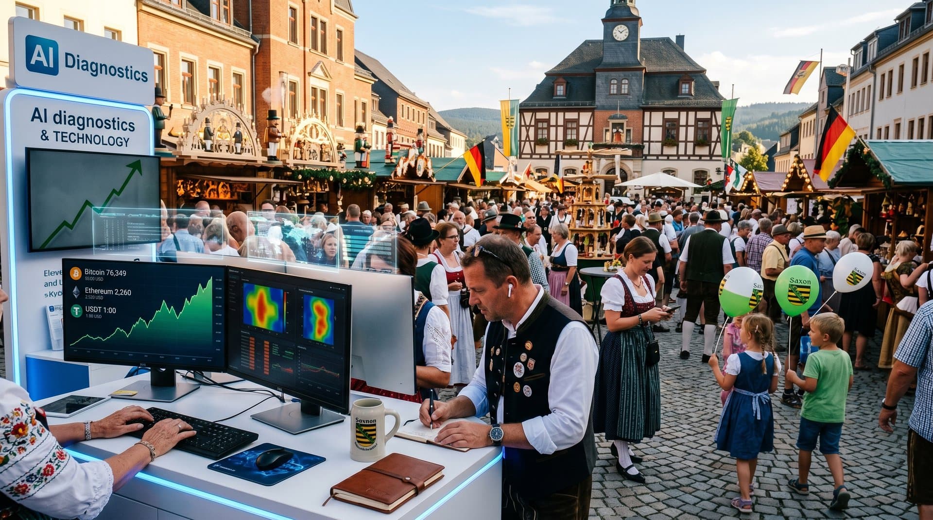 AI-Diagnostik-Stand auf Stollberg Marktplatz bei Fest mit Krypto-Displays und traditionellen Erzgebirge-Elementen