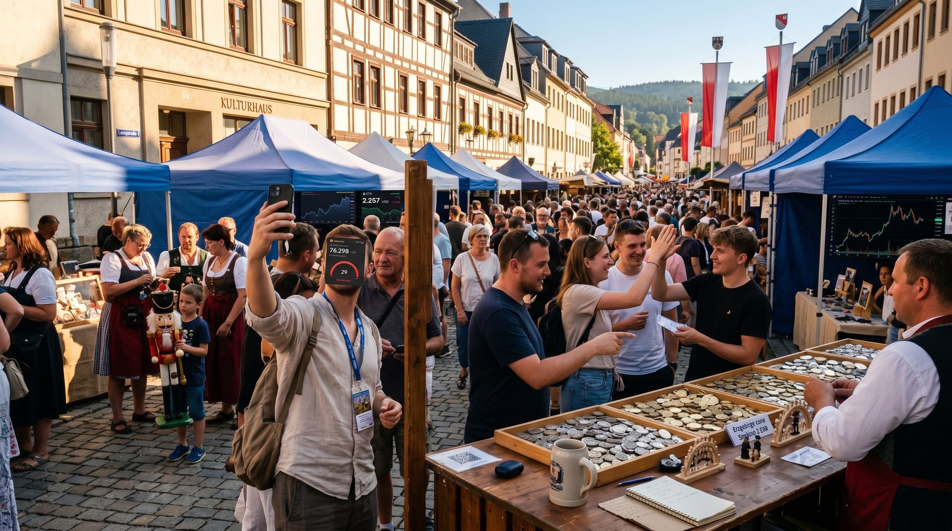 Stollberger Marktplatz mit Erzgebirge-Münzen-Ständen, QR-Code-Scan zu BTC-Charts und Festbesucher