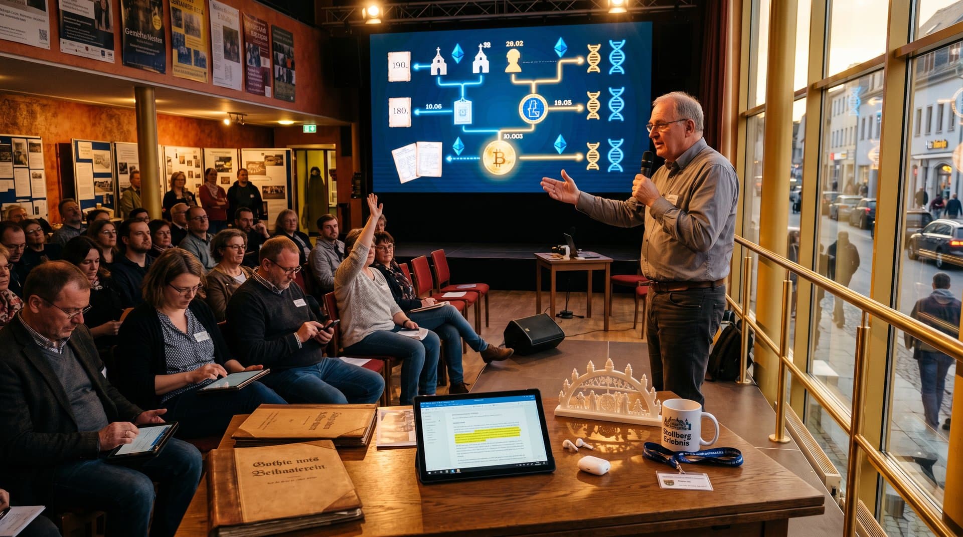 KI-Genealogie-Event in Stollberg: 3D-Stammbaum mit Blockchain auf Bildschirm im Kulturhaus