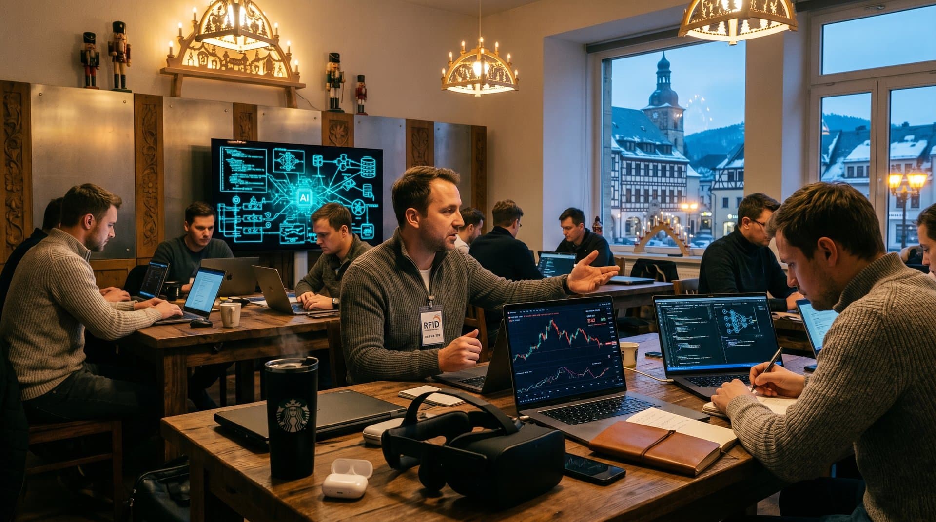 KI-Workshop im Kulturhaus Stollberg: Laptops mit AI und Crypto-Charts, Schwibbögen-Lampe, Blick auf Marktplatz