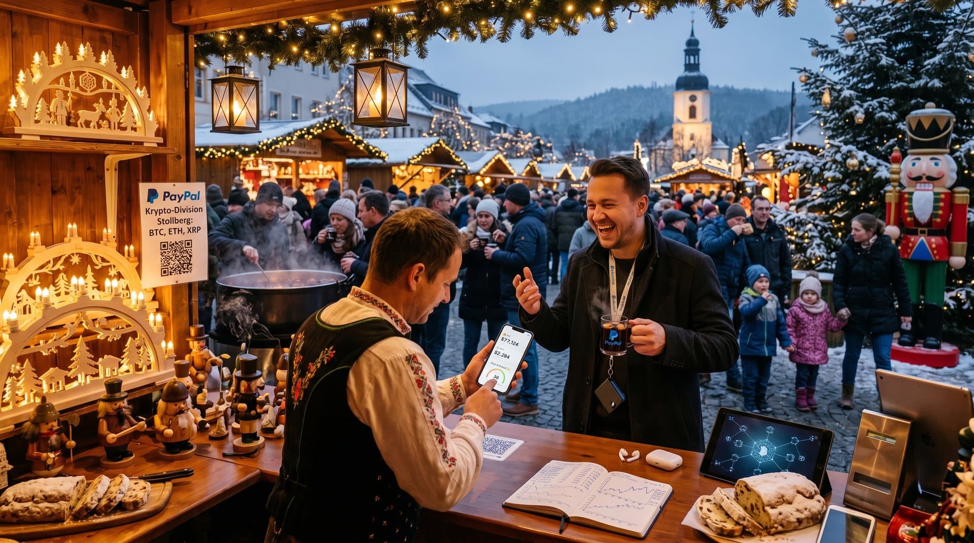 Stollberg Weihnachtsmarkt mit PayPal Krypto-Division Stollberg QR-Codes und BTC-Chart bei 77.124 USD