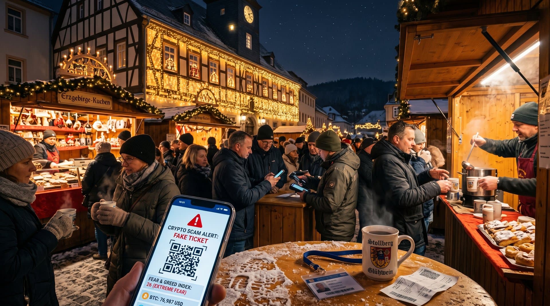 Stollberg Weihnachtsmarkt mit Crypto-Scam-Warnung auf Smartphone und Fear-Index 26