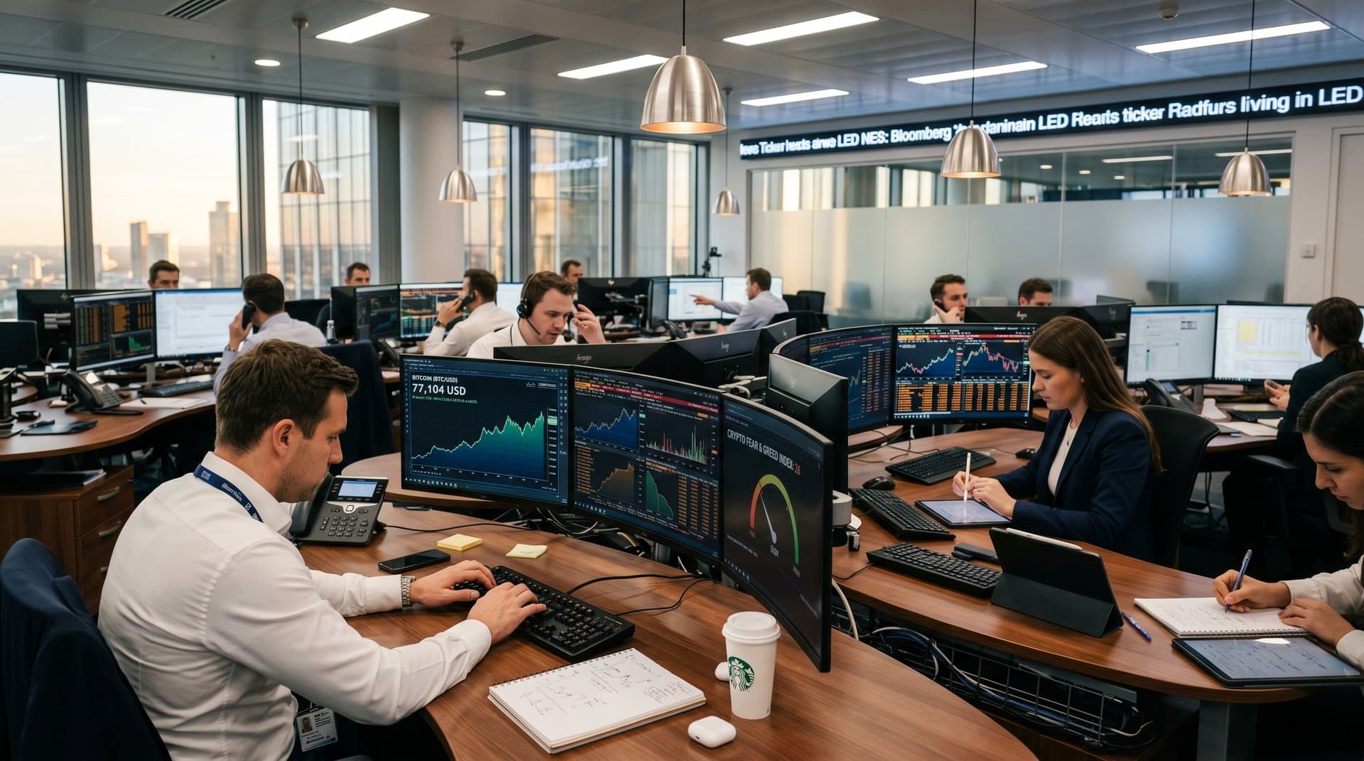 Trader analysieren BTC-Charts bei 77.104 USD auf Bloomberg-Terminals in belebter Deutsche Bank Trading-Halle mit Skyline-Blick