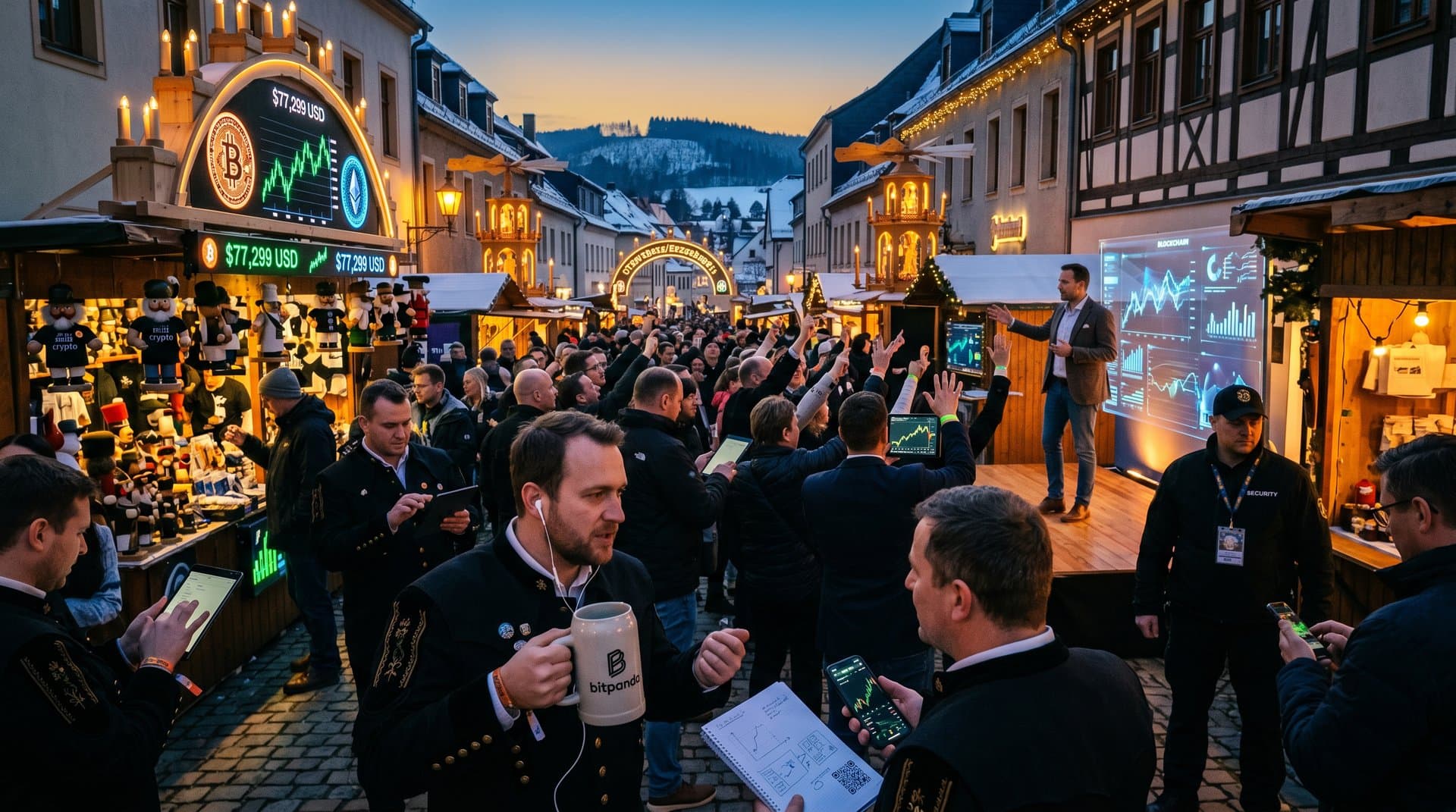 Crypto Erzgebirge Festival auf Stollberg Marktplatz mit Bitcoin-Charts und Bergbau-Traditionen