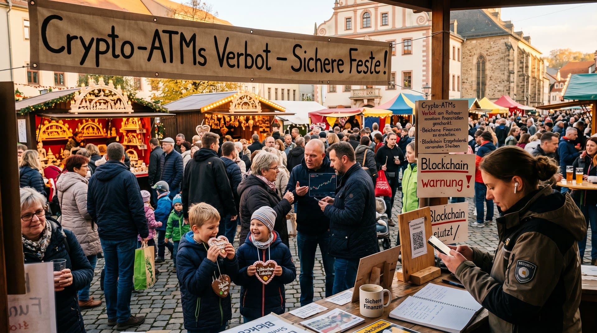 Stollberg Marktplatz Kerbmarkt mit Anti-Scam-Bannern und Sparkasse-Info-Stand