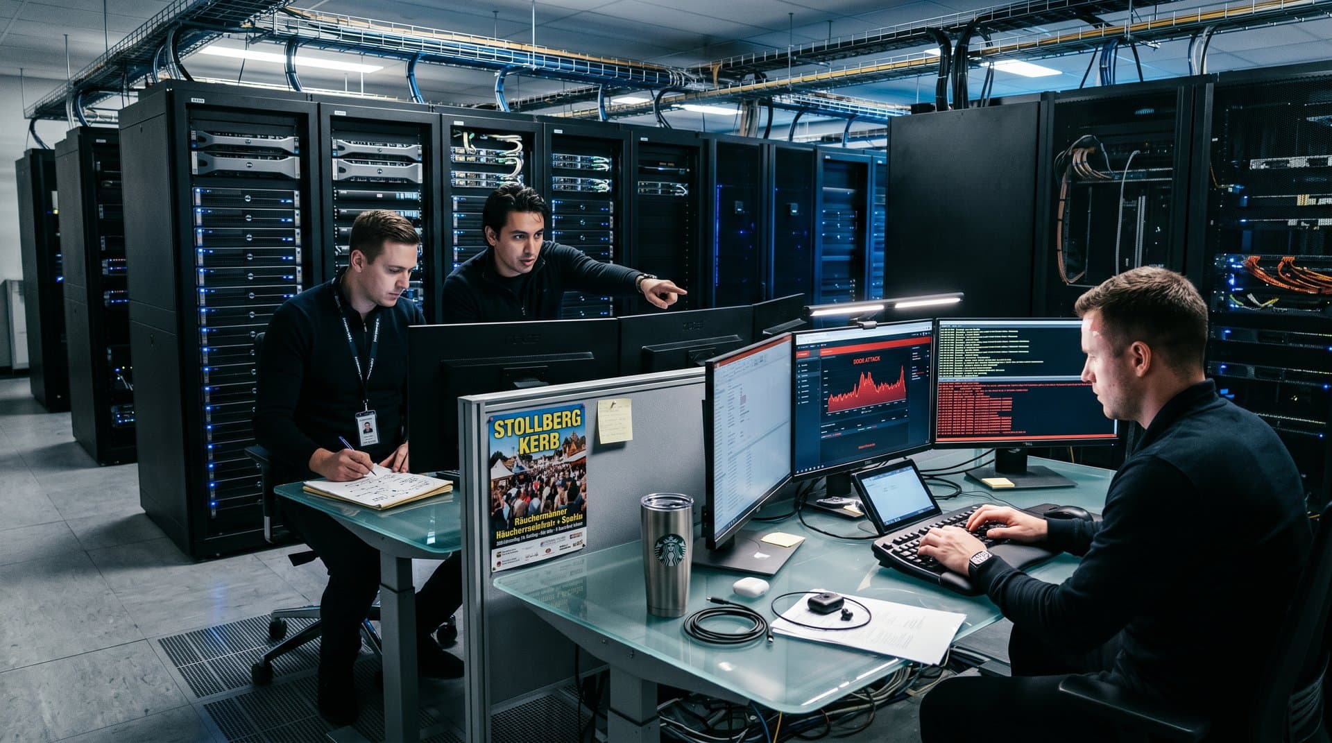 Rechenzentrum mit Ubuntu DDoS-Monitoring und Stollberg Kerb-Festival-Poster