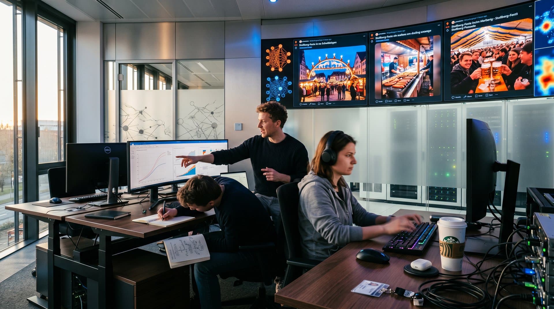 KI-Dashboard mit Reddit-Posts von Stollberg-Festen, neuronale Netzwerke und Crypto-Charts in modernem Tech-Lab
