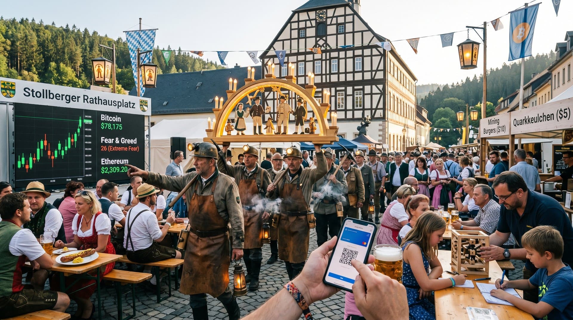 Stollberger Rathausplatz-Fest: Bergbau-Parade mit Crypto-Ständen, BTC-Charts und regionaler Gastronomie