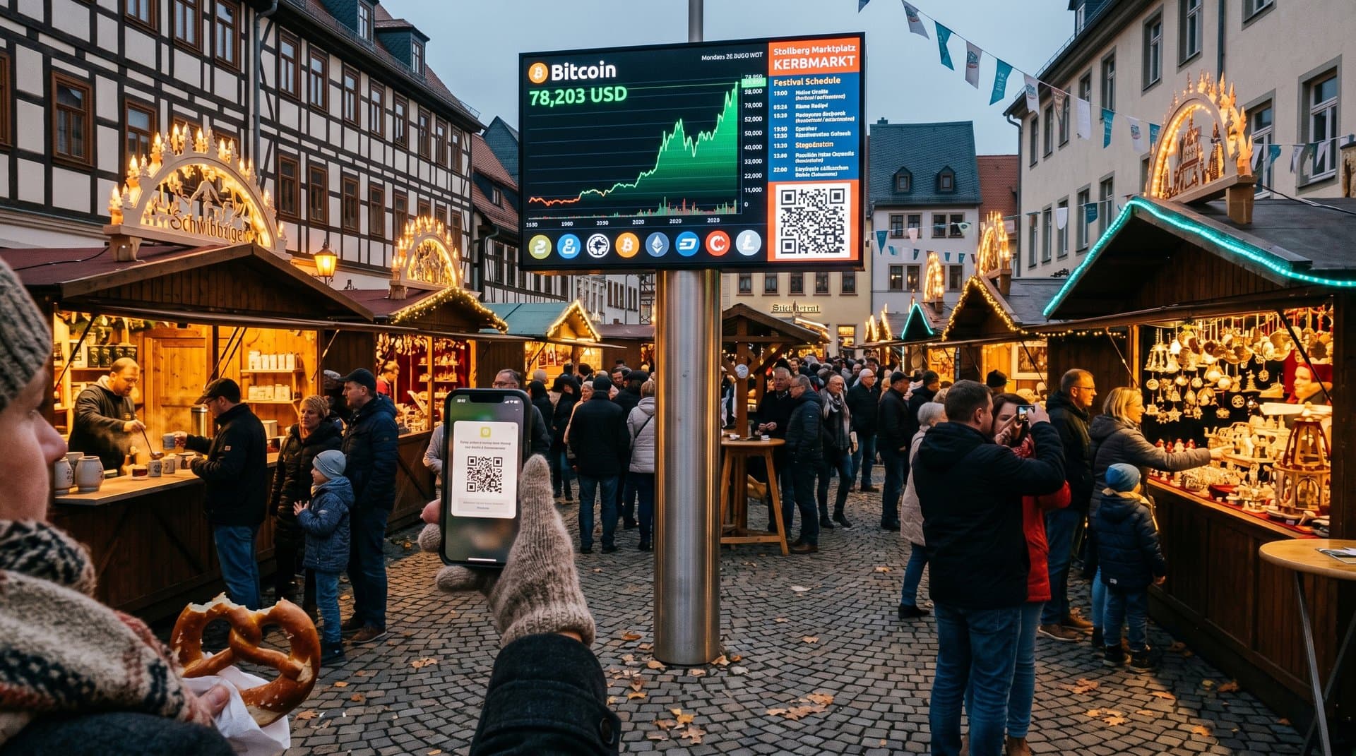 LED-Bildschirm mit KI-Werbung Stollberg-Festivals und BTC-Preis auf Marktplatz beim Kerbmarkt