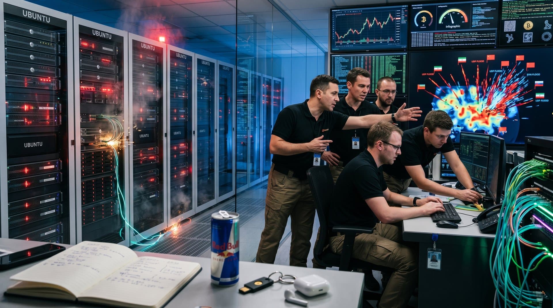 DDoS-Angriff auf Ubuntu-Server: Data-Center mit Warn-LEDs, Traffic-Heatmaps und Stollberg-Event-Elementen