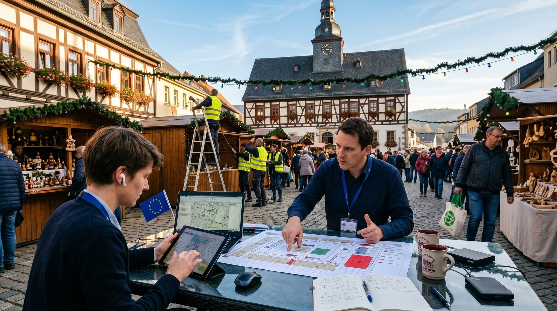 Stadtplaner besprechen manuelle Festplanung auf Stollberger Marktplatz mit Karten und Tablets