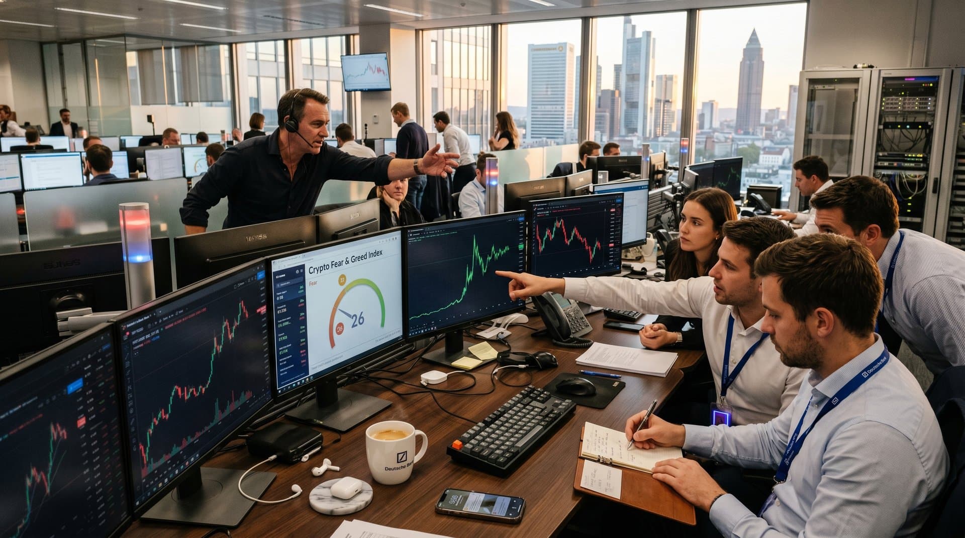Analysten an Bloomberg-Terminals in Frankfurt analysieren XRP-Charts bei 1,38 USD mit Fear & Greed Index auf Monitoren