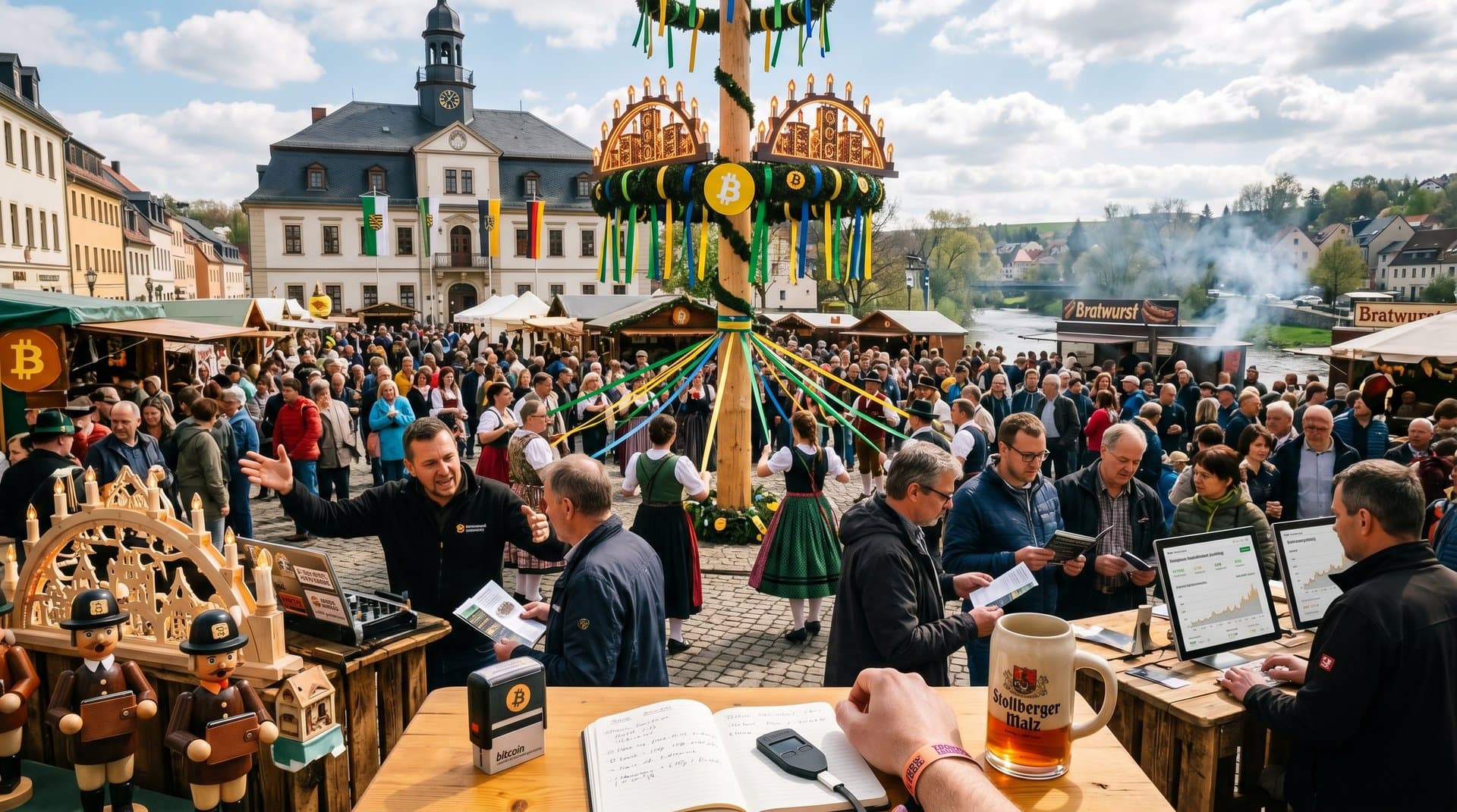 Stollberg Marktplatz May Day Festival mit Maibaum, Bitcoin-LEDs und Mining-Ständen, Schwibbögen als ASIC-Miner, Rathaus-Hintergrund