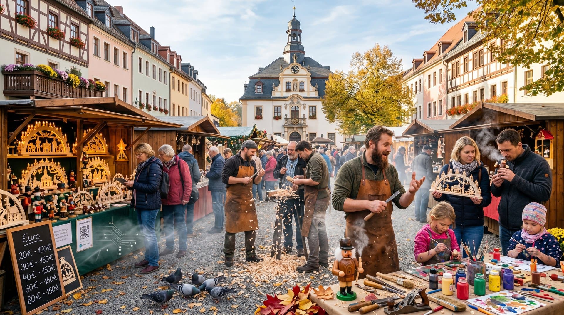 Stollberger Marktplatz mit Handwerksständen, Schwibbögen und Räuchermännchen bei Herbstfest