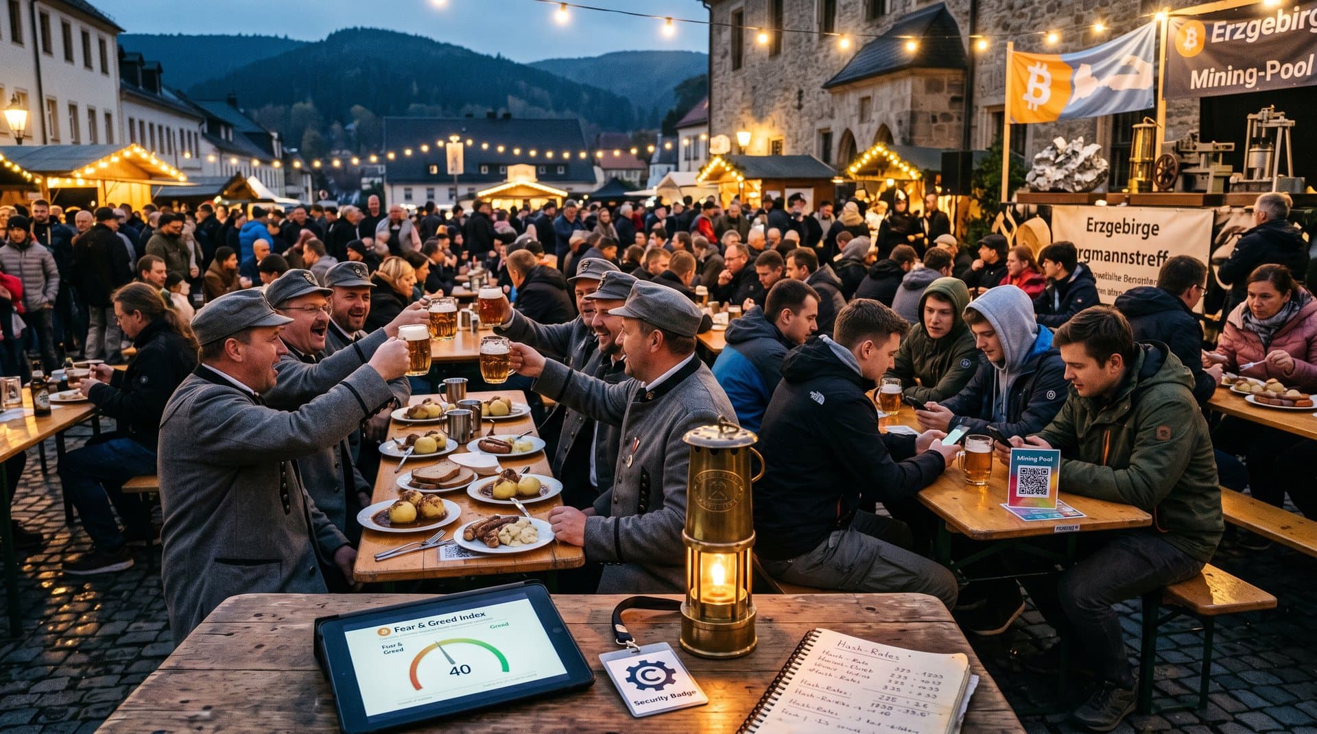 Marktplatz Stollberg beim Bergmannstreffen: Klöße, Biere und Bitcoin-Displays bei Fear & Greed 40