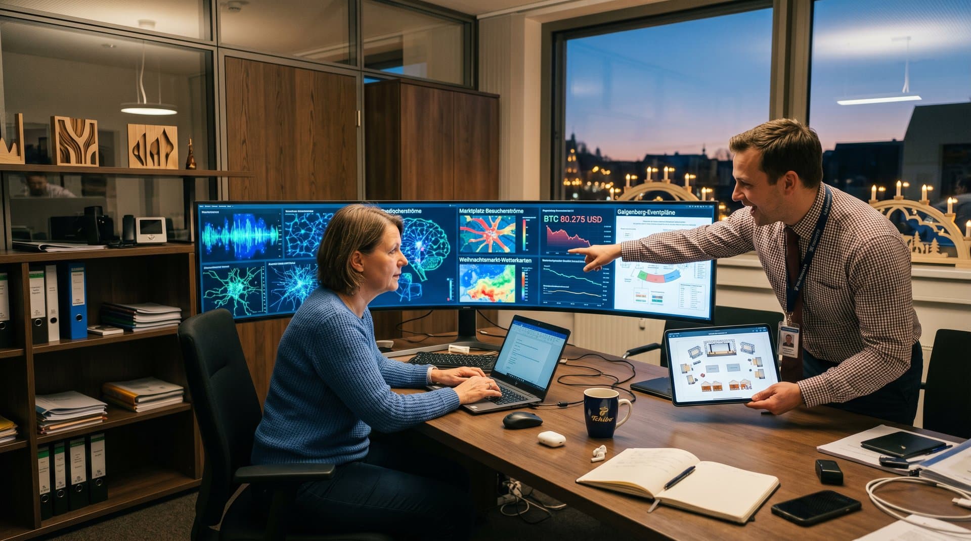 AI-Dashboard plant Stollberger Events mit Krypto-Charts und Marktplatz-Prognosen