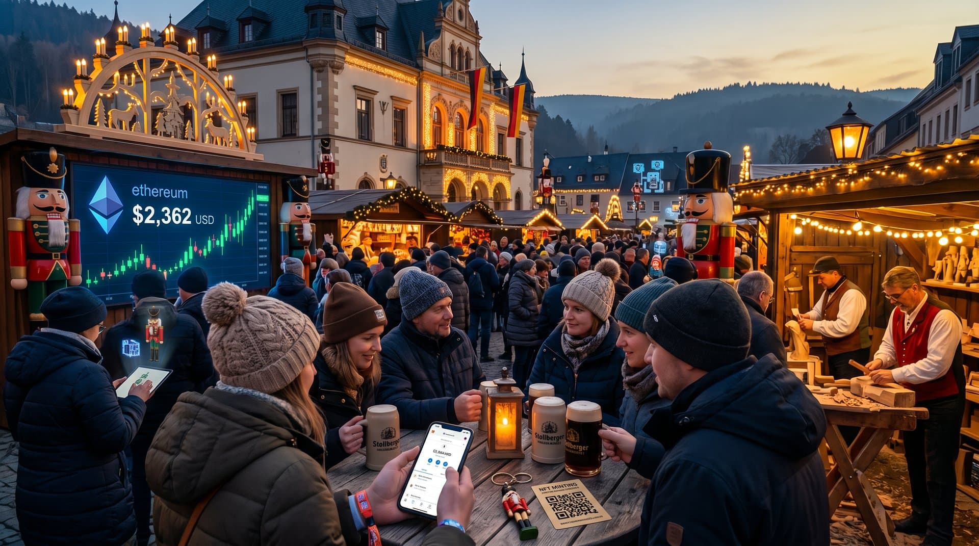 Erzgebirge Nutcracker NFT-Festival auf Stollberger Rathausplatz mit Ethereum-Charts, Craft Beer und digitalen Nussknackern