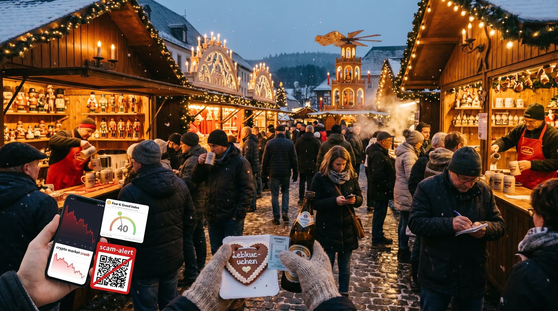 Stollberg Weihnachtsmarkt mit Crypto-Scam-Warnung und Fear & Greed Index
