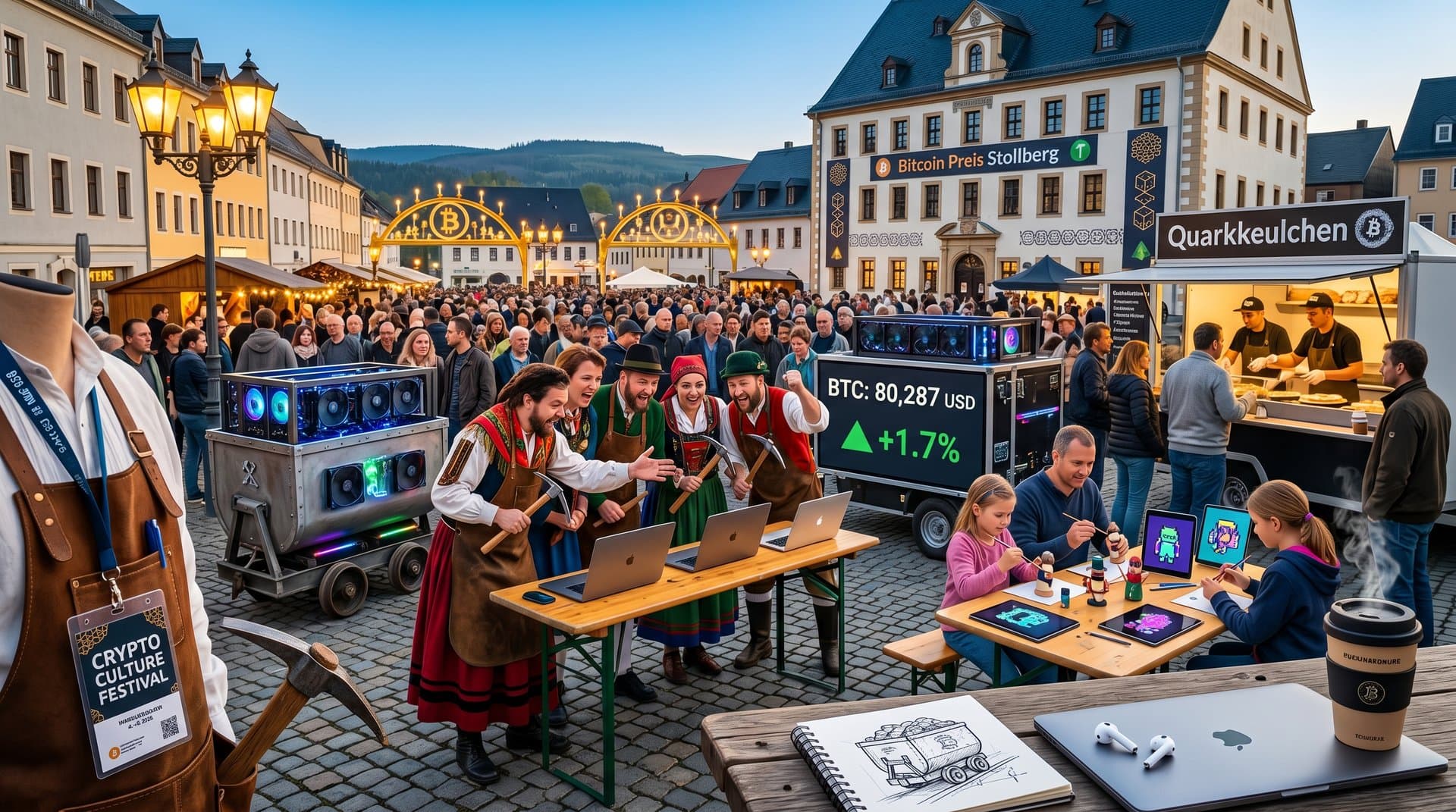 Marktplatz Stollberg mit Schwibbögen, Bitcoin-Charts und Mining-Setup beim Crypto Festival