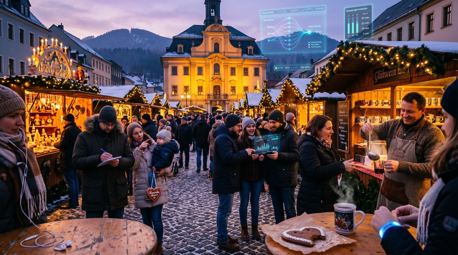 Stollberg Marktplatz mit Weihnachtsmarkt, KI-Overlay für Eventplanung, BTC-Ticker und Blockchain-Elemente