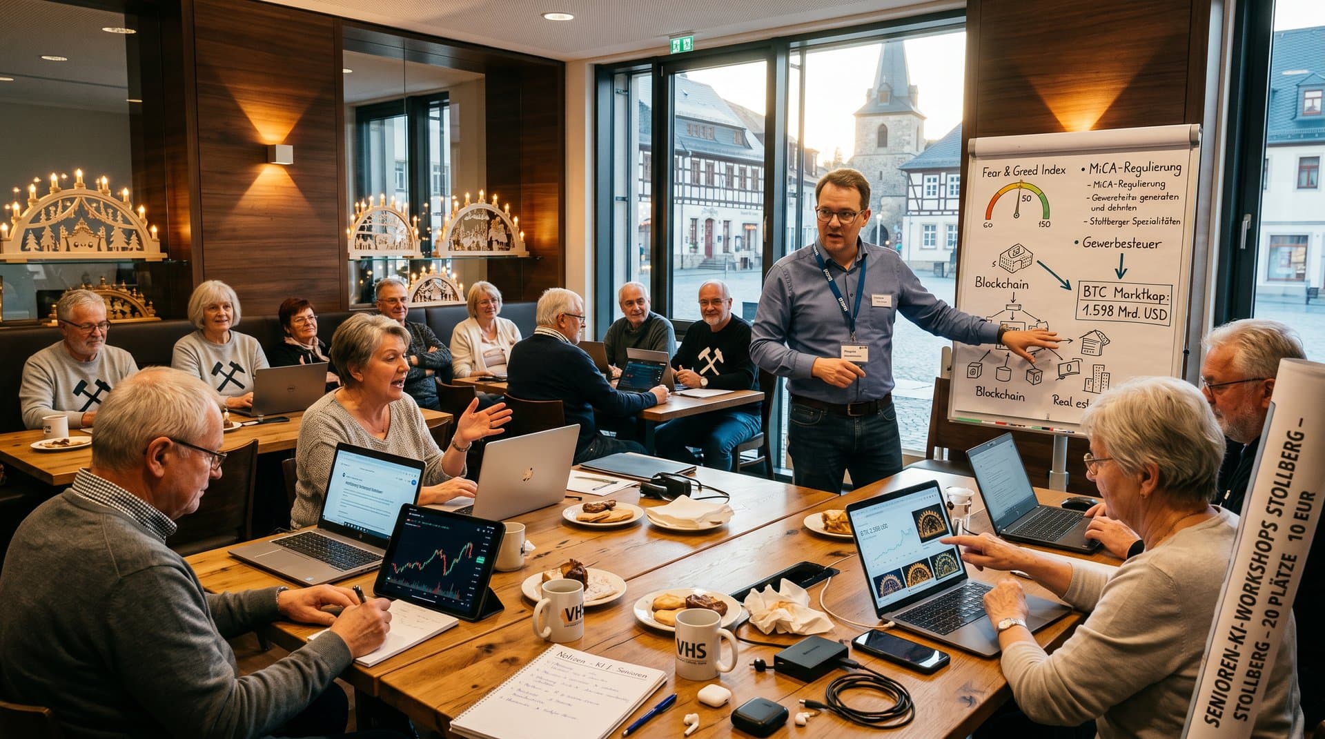 Senioren lernen KI im Stollberg Kulturhaus: Laptops mit BTC 79.953 USD, Dozent erklärt ChatGPT