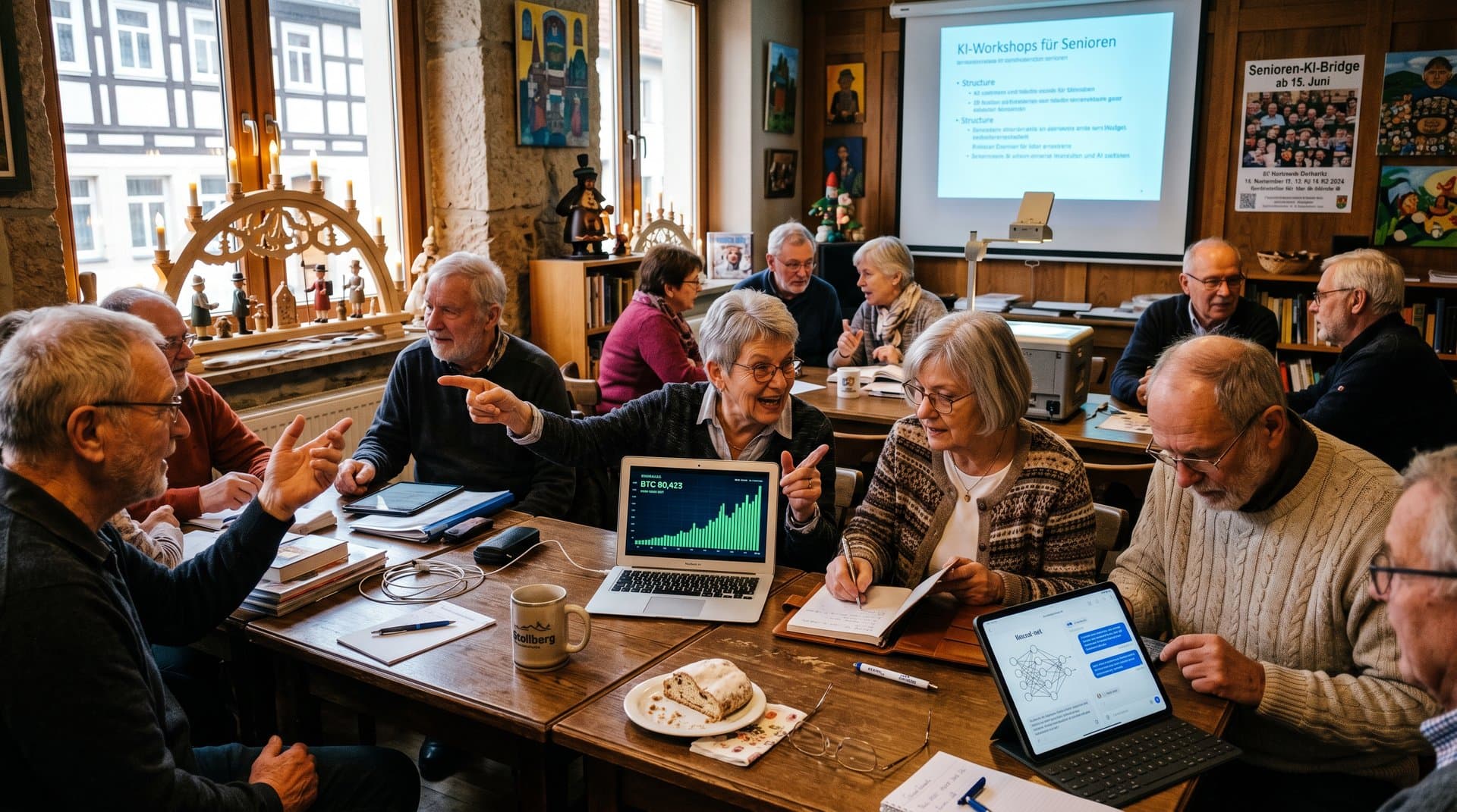 Senioren lernen KI im Kulturhaus Stollberg mit BTC-Charts und regionaler Dekoration