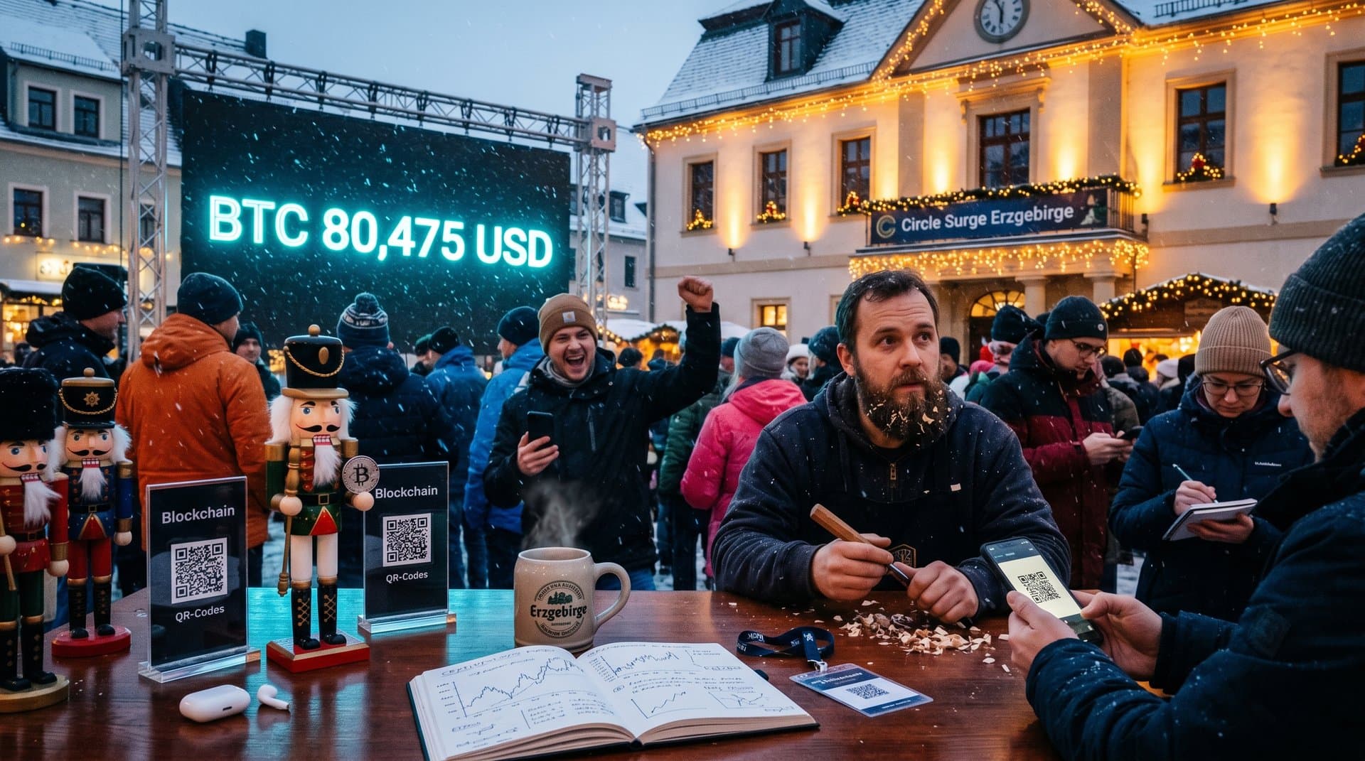 Stollberger Marktplatz mit Nussknacker-NFT-Auktionen, Blockchain-Displays und Weihnachtsmarkt-Atmosphäre