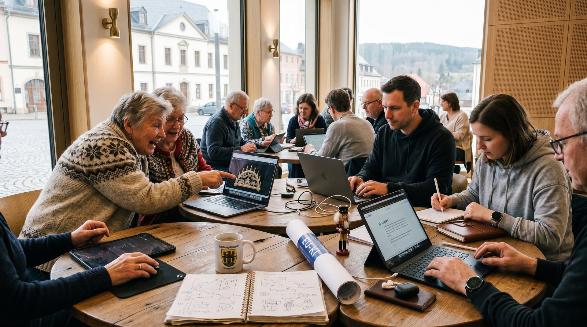 Seniorengruppe bei KI-Workshop im Kulturhaus Stollberg mit Tablets und Erzgebirge-Motiven