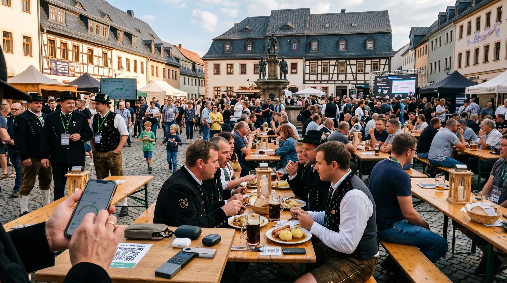 Bergbau-Festival Stollberg: QR-Codes für Stablecoin-Zahlungen an Gastro-Ständen mit BTC-Charts