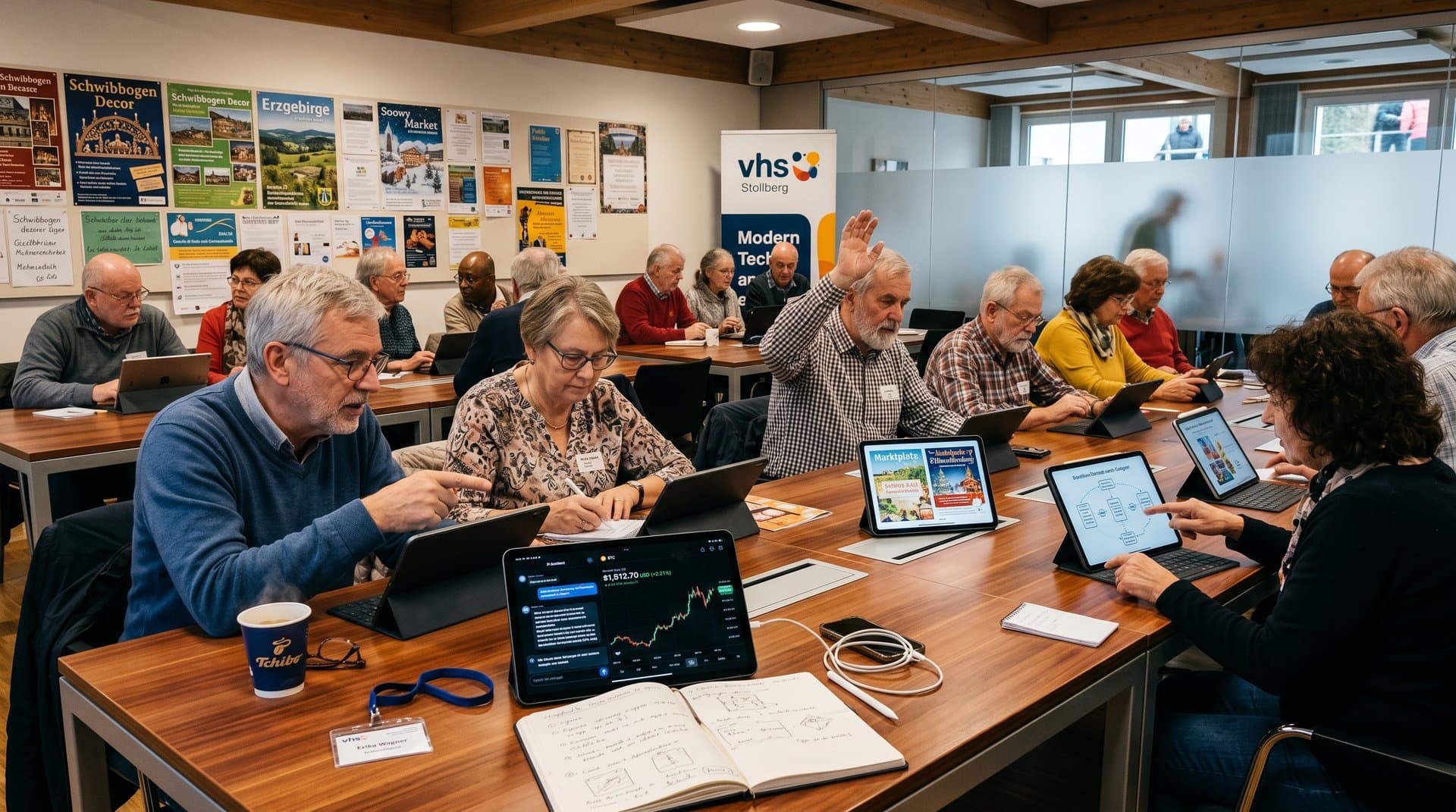 Senioren lernen KI in VHS Stollberg für lokale Events mit Krypto-Charts
