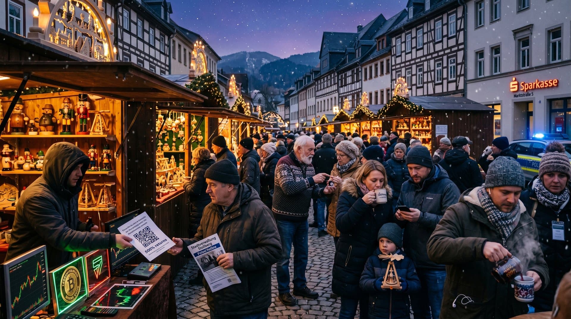 Stollberg Weihnachtsmarkt mit Krypto-Betrug-Warnung und Fake-Mining-Stand im Erzgebirge