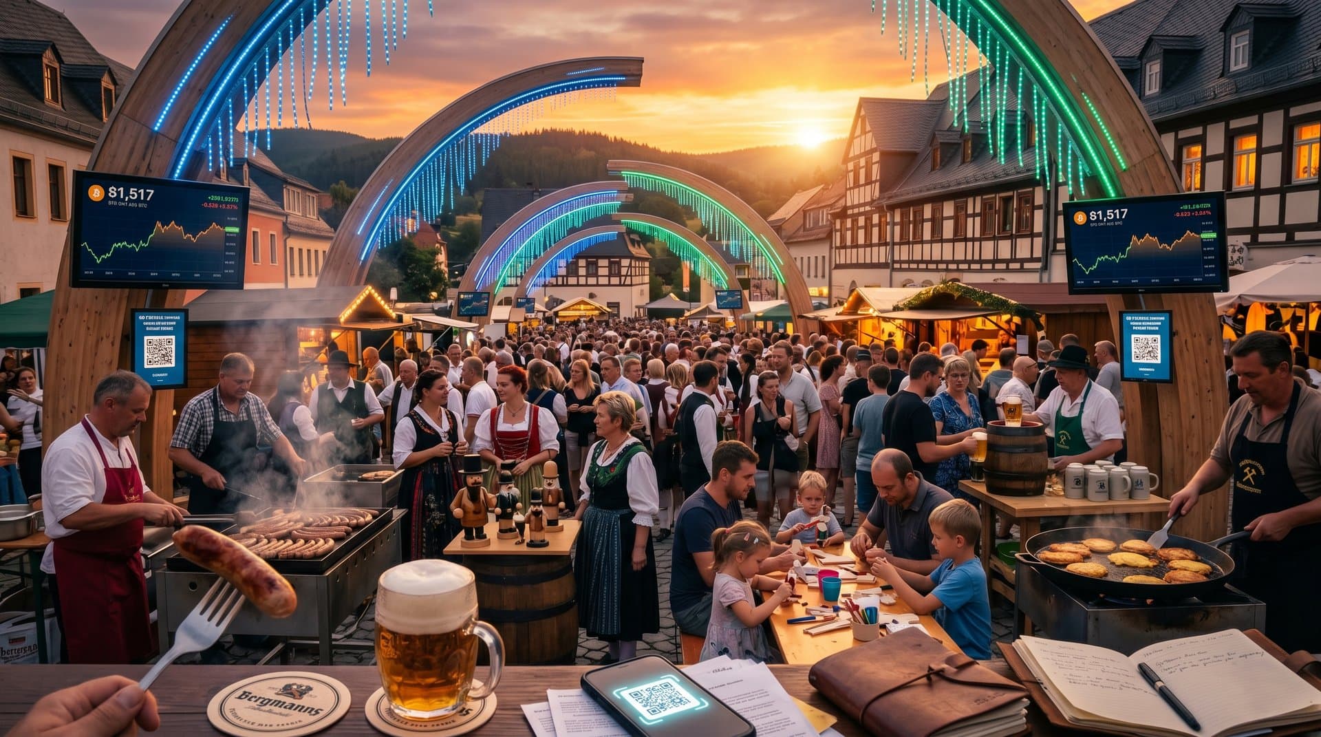 Stollberg Marktplatz-Fest mit Schwibbögen, Crypto-QR-Codes, Bratwurst-Ständen und AI-Screens im Erzgebirge
