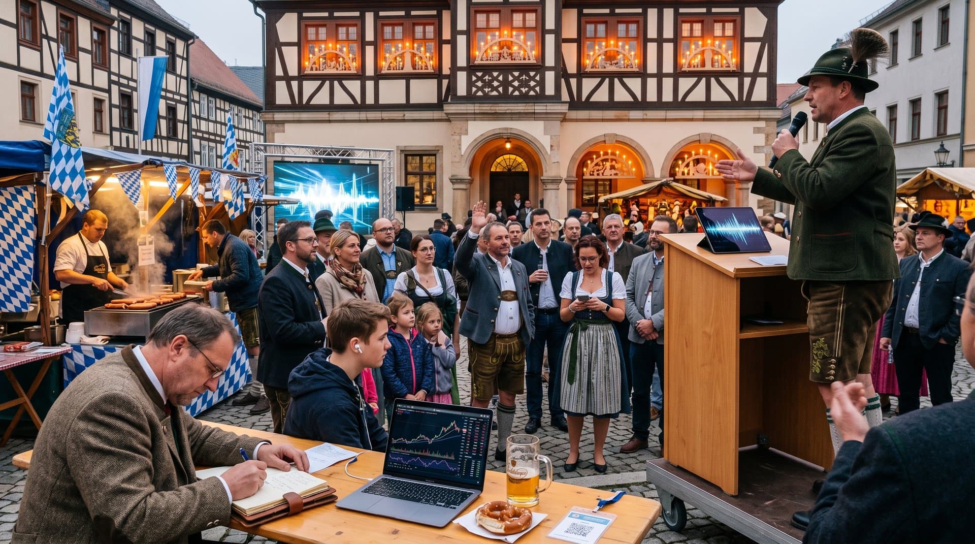 Stollberger Marktplatz-Debatte zu KI-Kontroverse Abiturfeier mit Rathaus und Tech-Displays