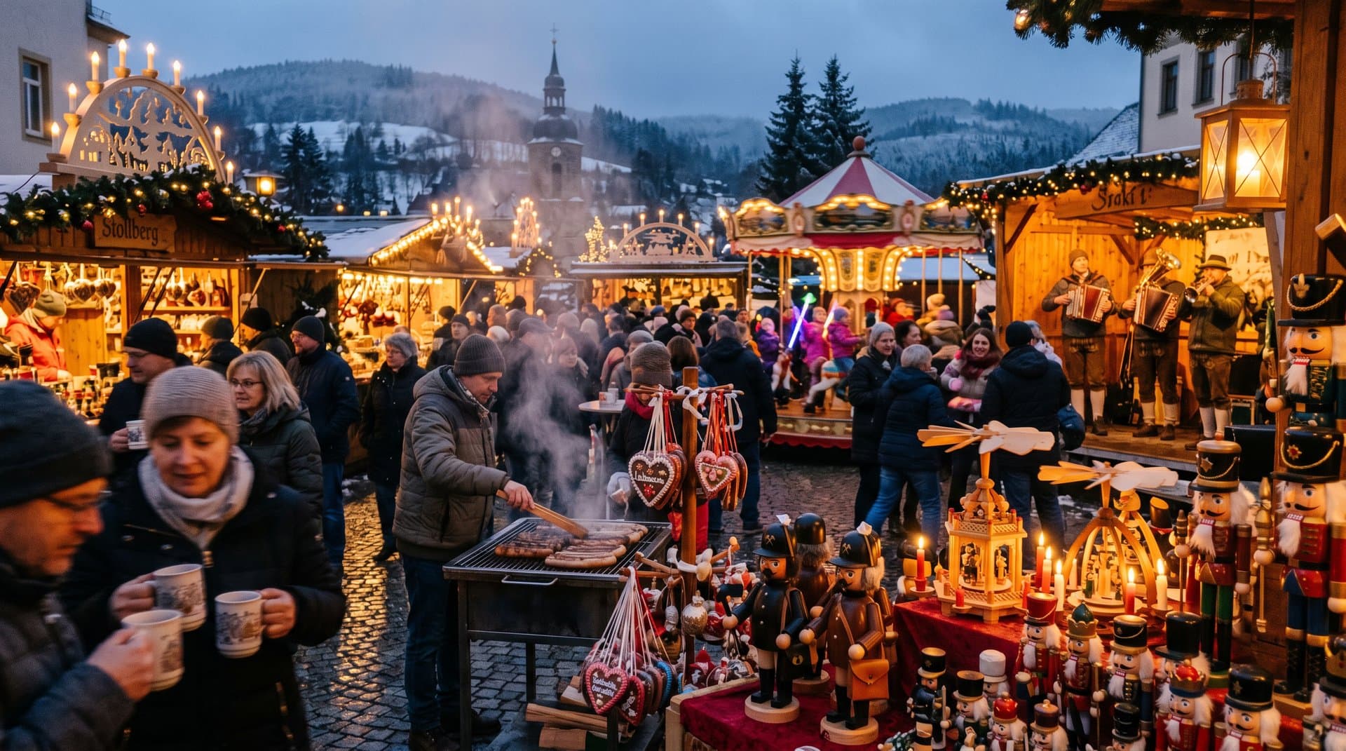 Festlicher Marktplatz Stollberg mit Schwibbögen, Handwerk und Besuchern im Erzgebirge-Stil