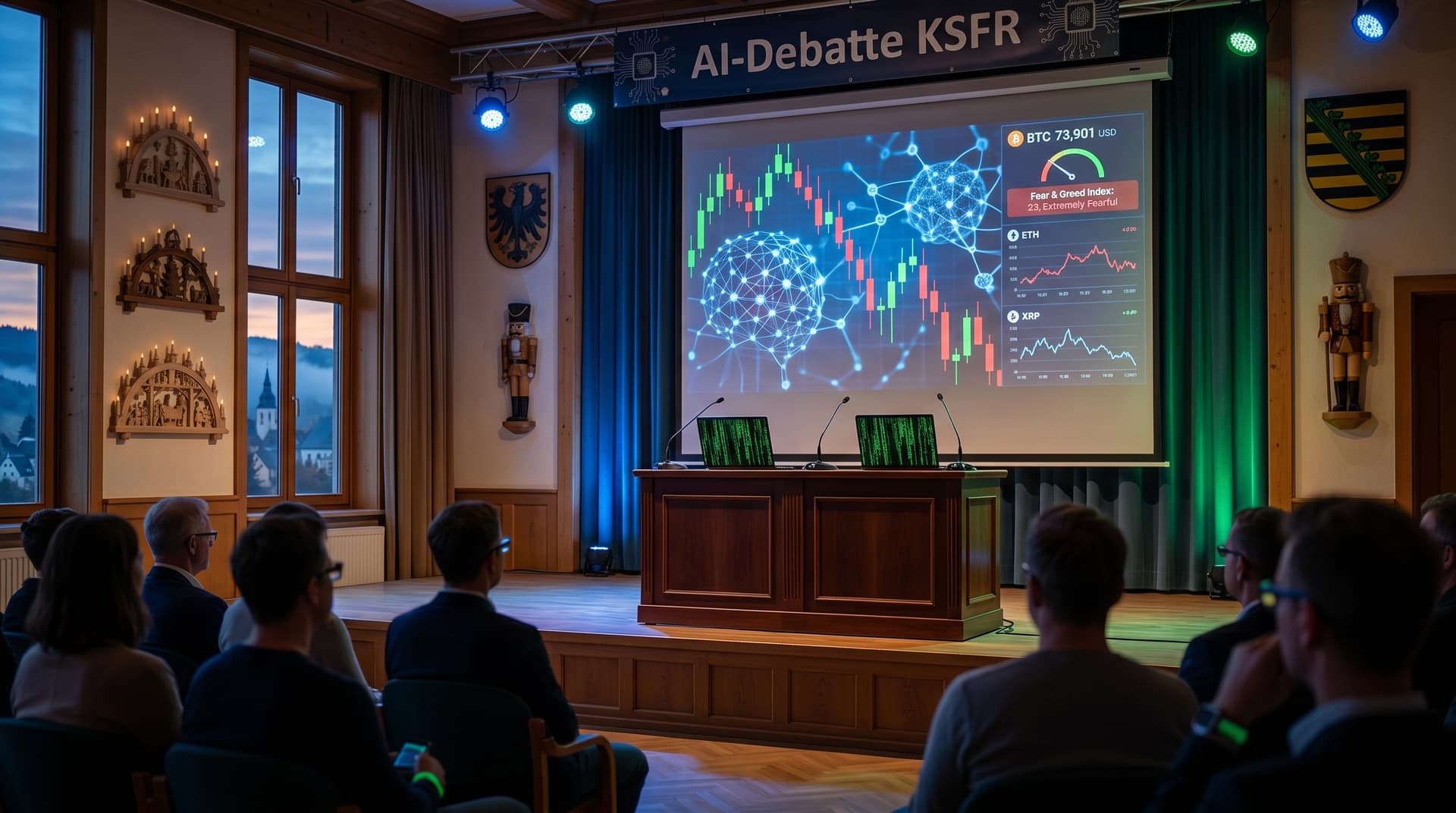 AI-Debatte KSFR Stollberg heute: Fear & Greed 23, BTC sinkt auf 73.901 USD