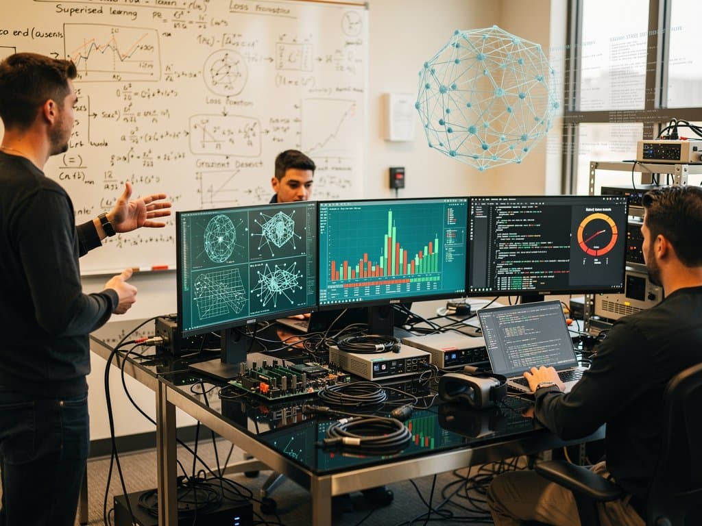 KI-Labor mit Monitoren zu neuronalen Netzen, Bitcoin-Charts und Fear Index in moderner Universitätsumgebung