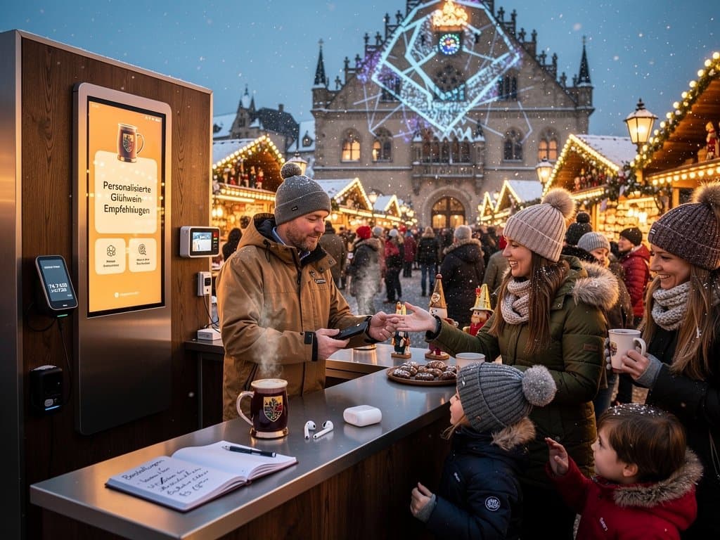 Stollberger Weihnachtsmarkt mit KI-Bildschirmen, Blockchain-Scannern und Tech-Integration in traditioneller Erzgebirge-Kulisse