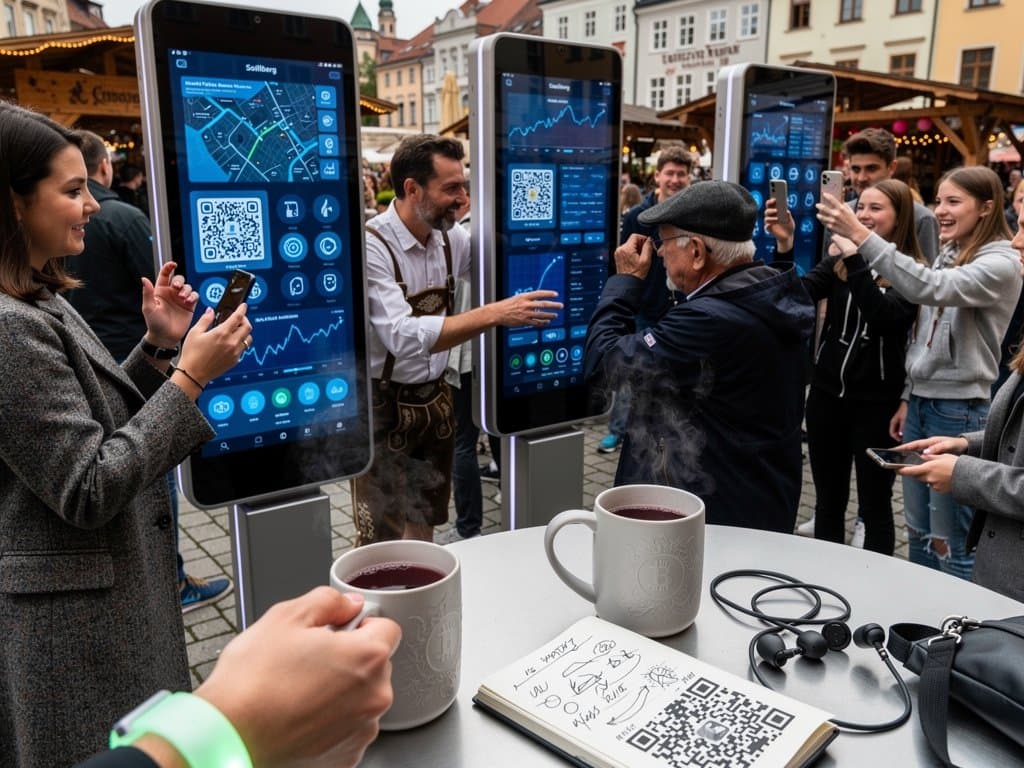 KI-Terminals auf Stollberg Marktplatz bei Fest mit interaktiven Bildschirmen und Crypto-Optionen