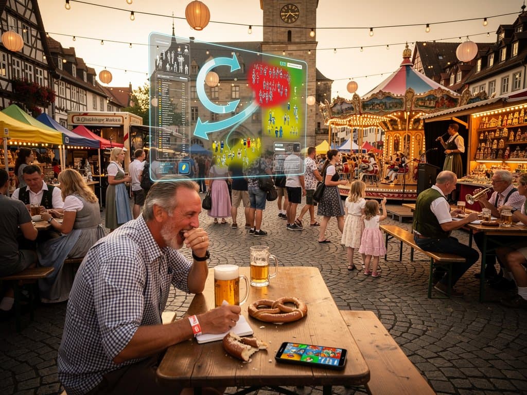 KI-Computer Vision Overlay auf Stollberg Marktplatz-Festival mit Crowd-Analyse und Tech-Heatmaps