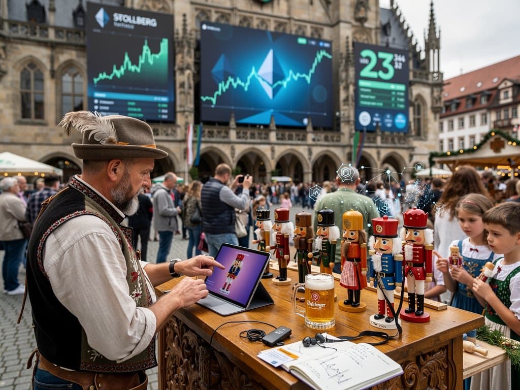 Ethereum-Charts und NFT-Nussknacker am Rathaus Stollberg auf dem Marktplatz